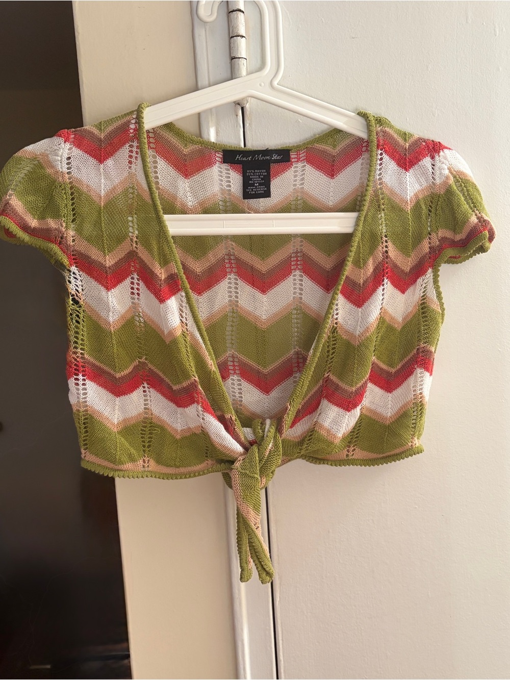 Vintage 90s-Y2K front tie Cropped crochet Fitted Coquette cardigan flame stitch